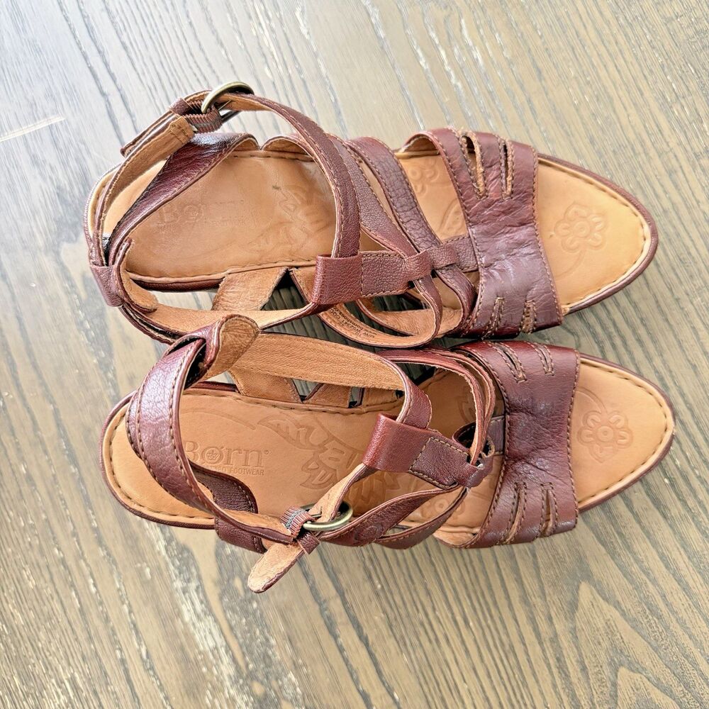 Born Hand Crafted Brown Leather Wedge Ankle Strap Sandal Size 10/42 Boho Chic - Picture 4 of 6